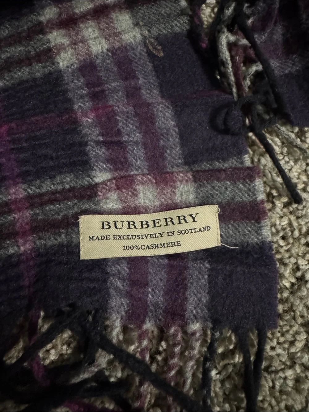 Burberry Purple Gray Plaid Cashmere Scarf